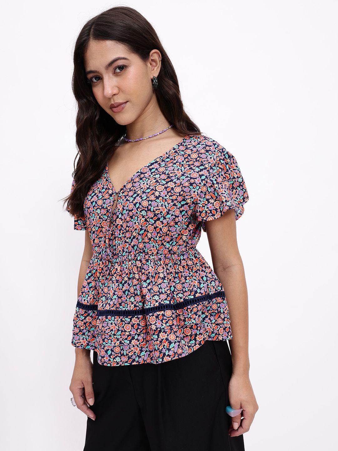 DressBerry Whimsical Touch Floral Printed Flutter Sleeves A-line Top