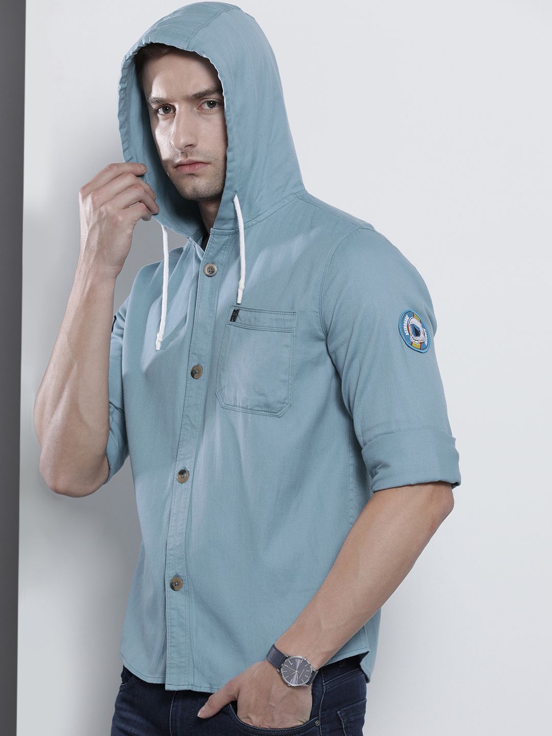 The Indian Garage Co Men Blue Solid Slim Fit Hooded Casual Shirt