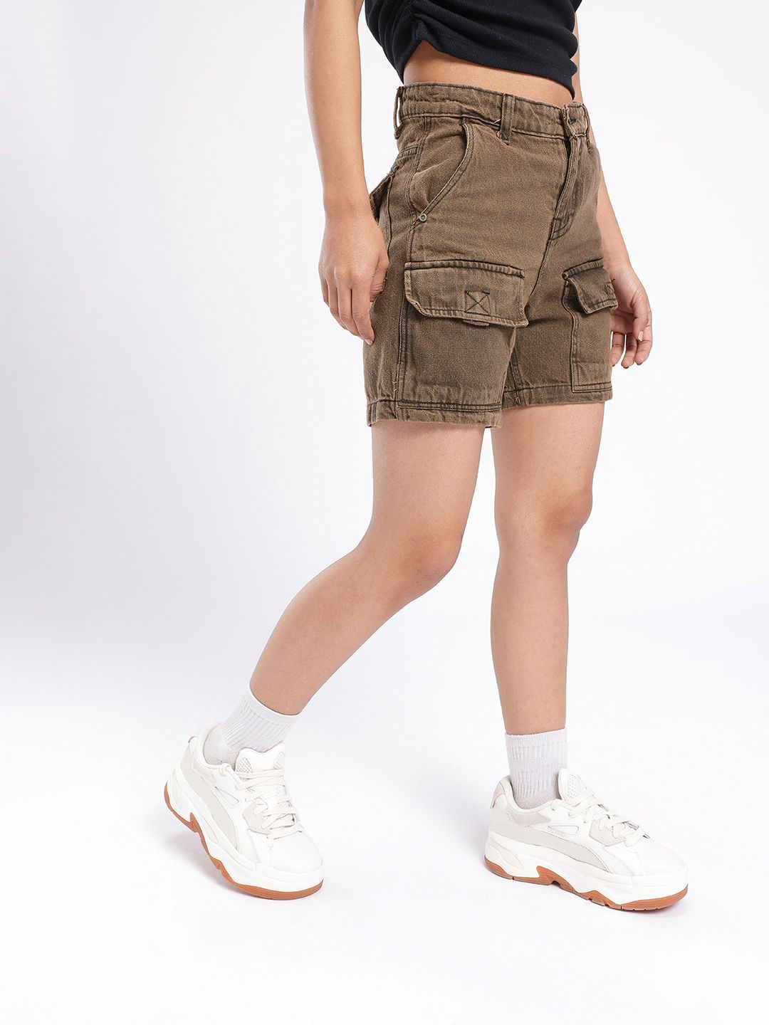 DressBerry Women Edgy Cool High-Rise Washed Denim Cargo Shorts