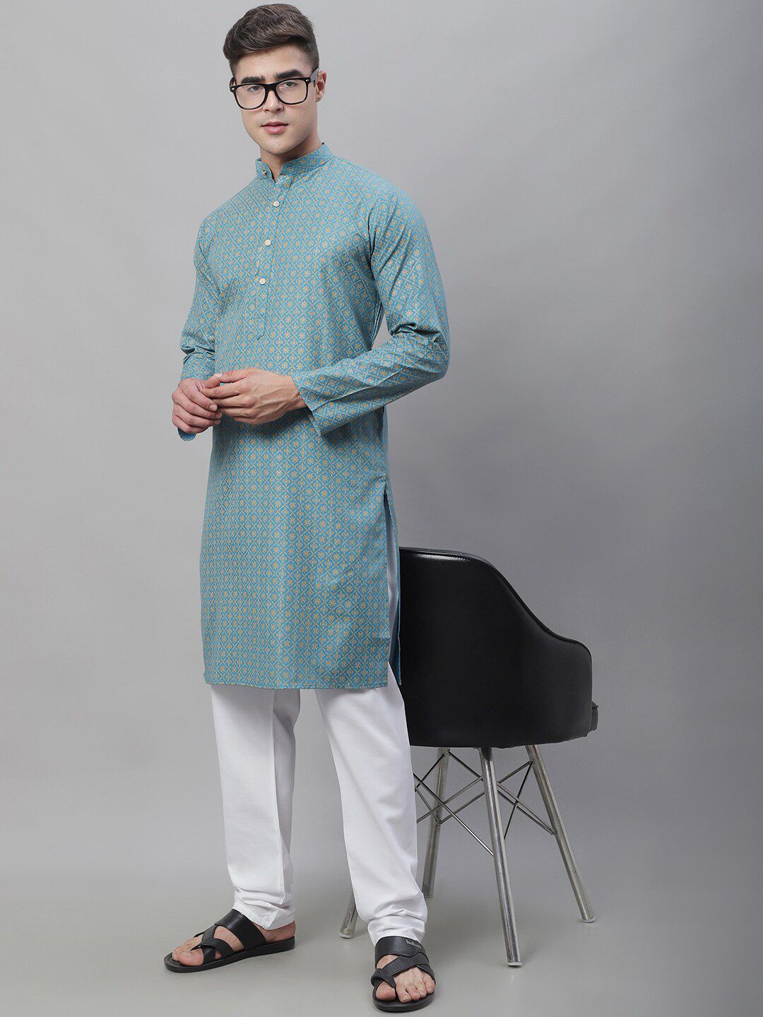 SOJANYA Floral Printed Mandarin Collar Cotton Linen Kurta