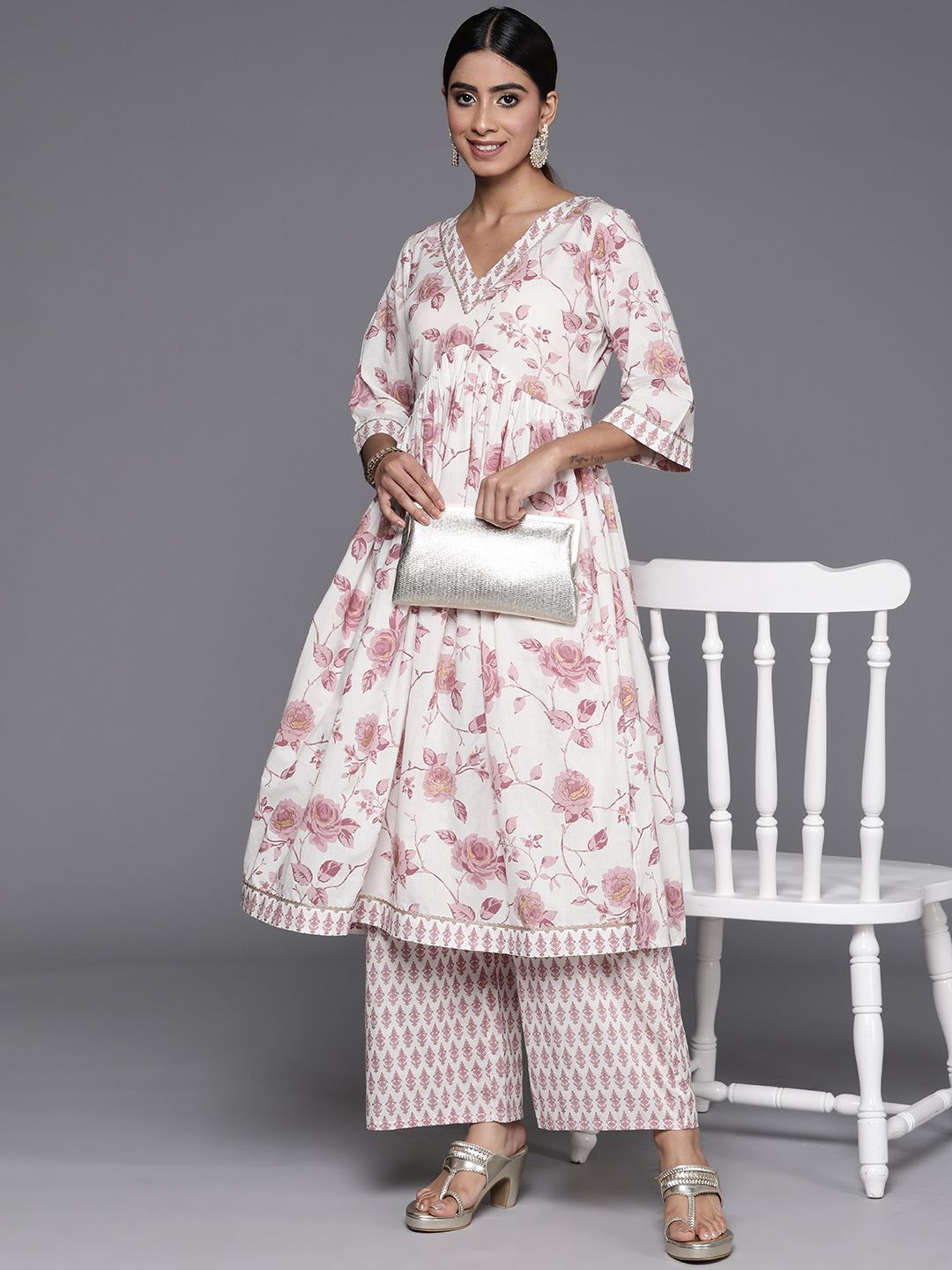 Libas Women Floral Printed Gotta Patti Pure Cotton Kurta with Palazzos