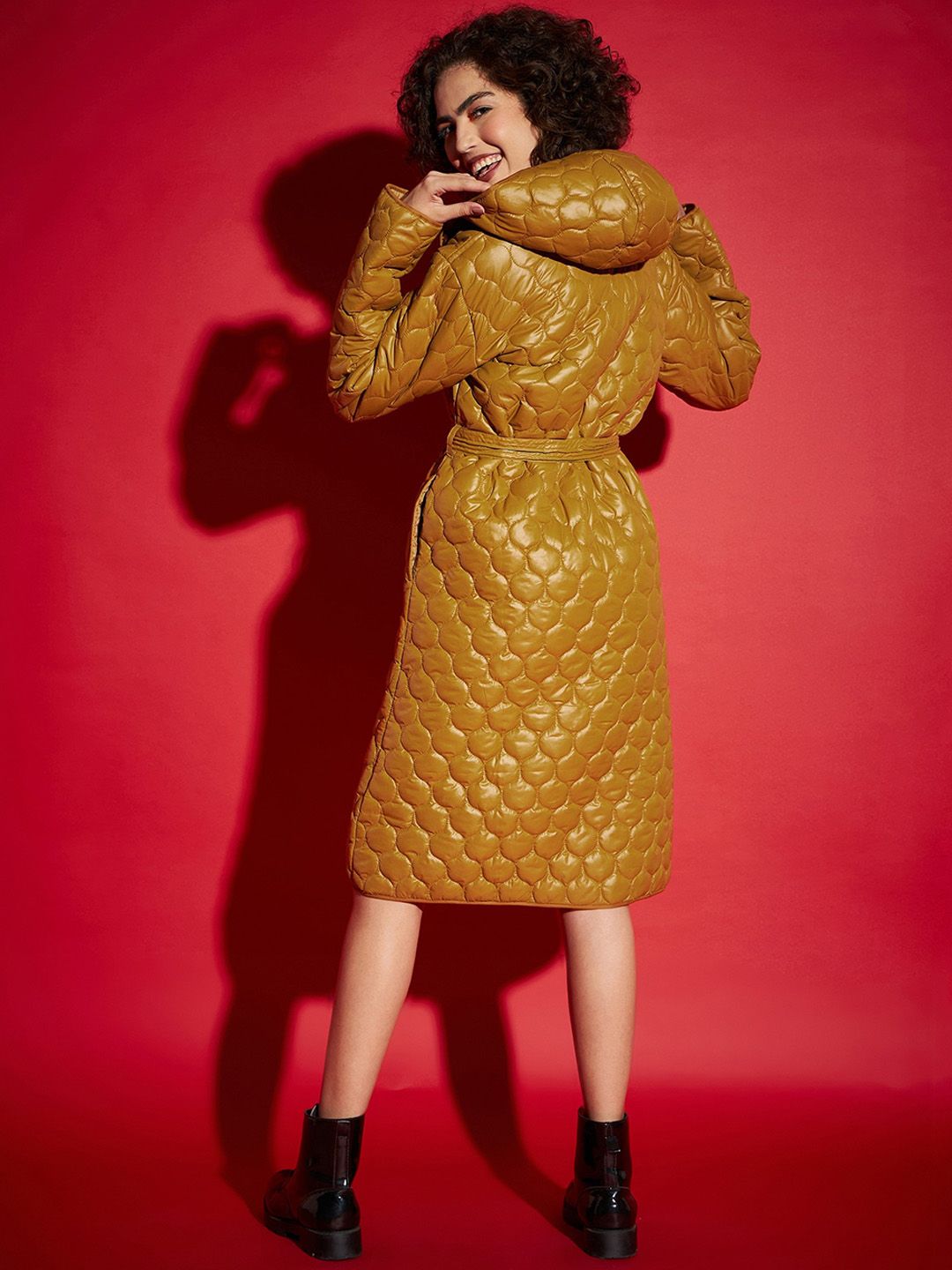SASSAFRAS Mustard Yellow Hooded Longline Quilted Jacket With Belt
