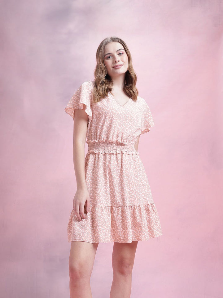 DressBerry Floral Print Smocked Detail Flared Sleeves A-Line Dress
