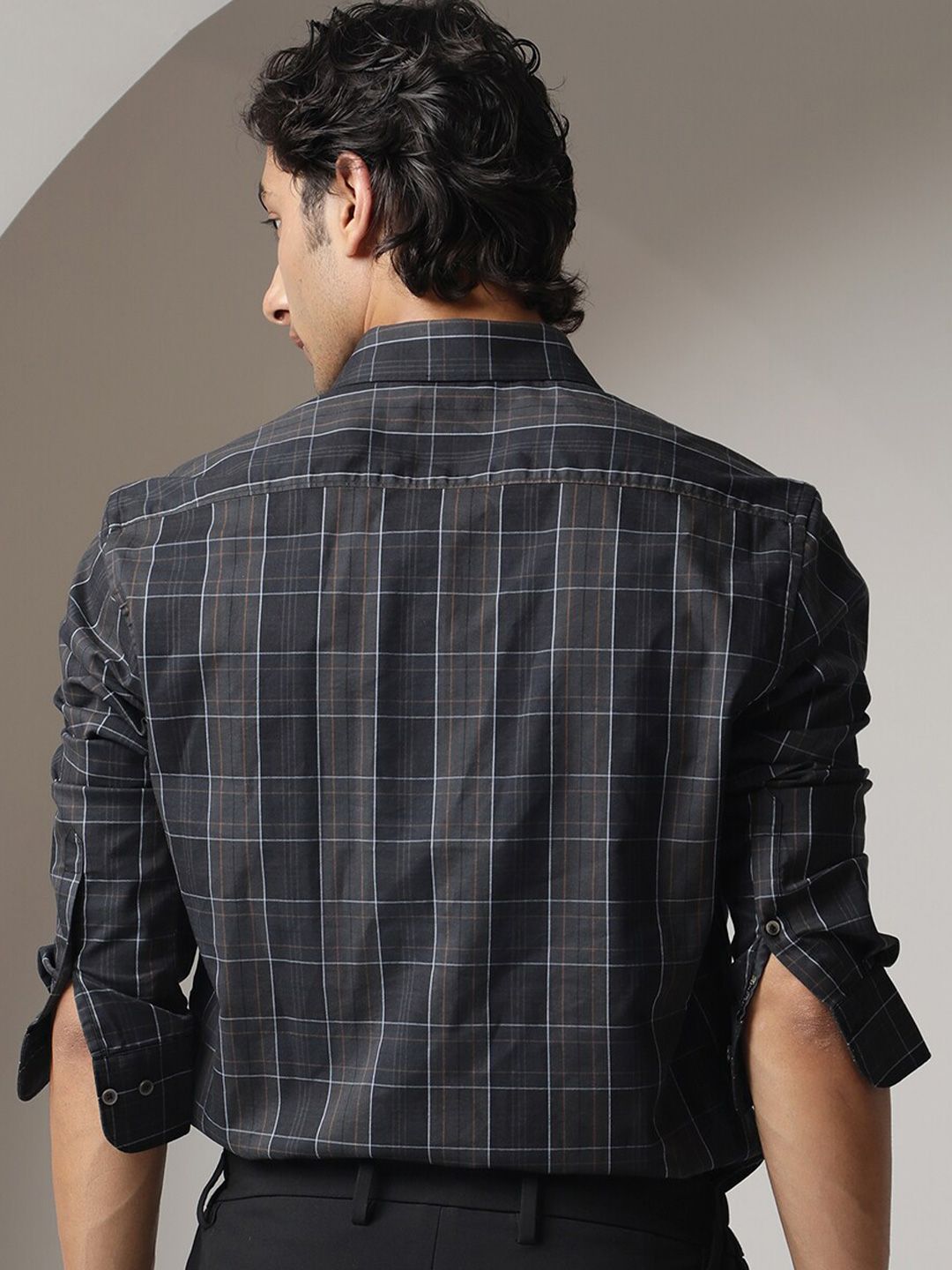 RARE RABBIT Men Lancelot Slim Fit Tartan Checked Cotton Shirt
