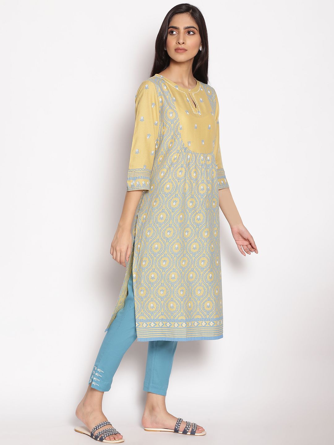 W Women Yellow & Blue Ethnic Motifs Printed Flared Sleeves Kurta