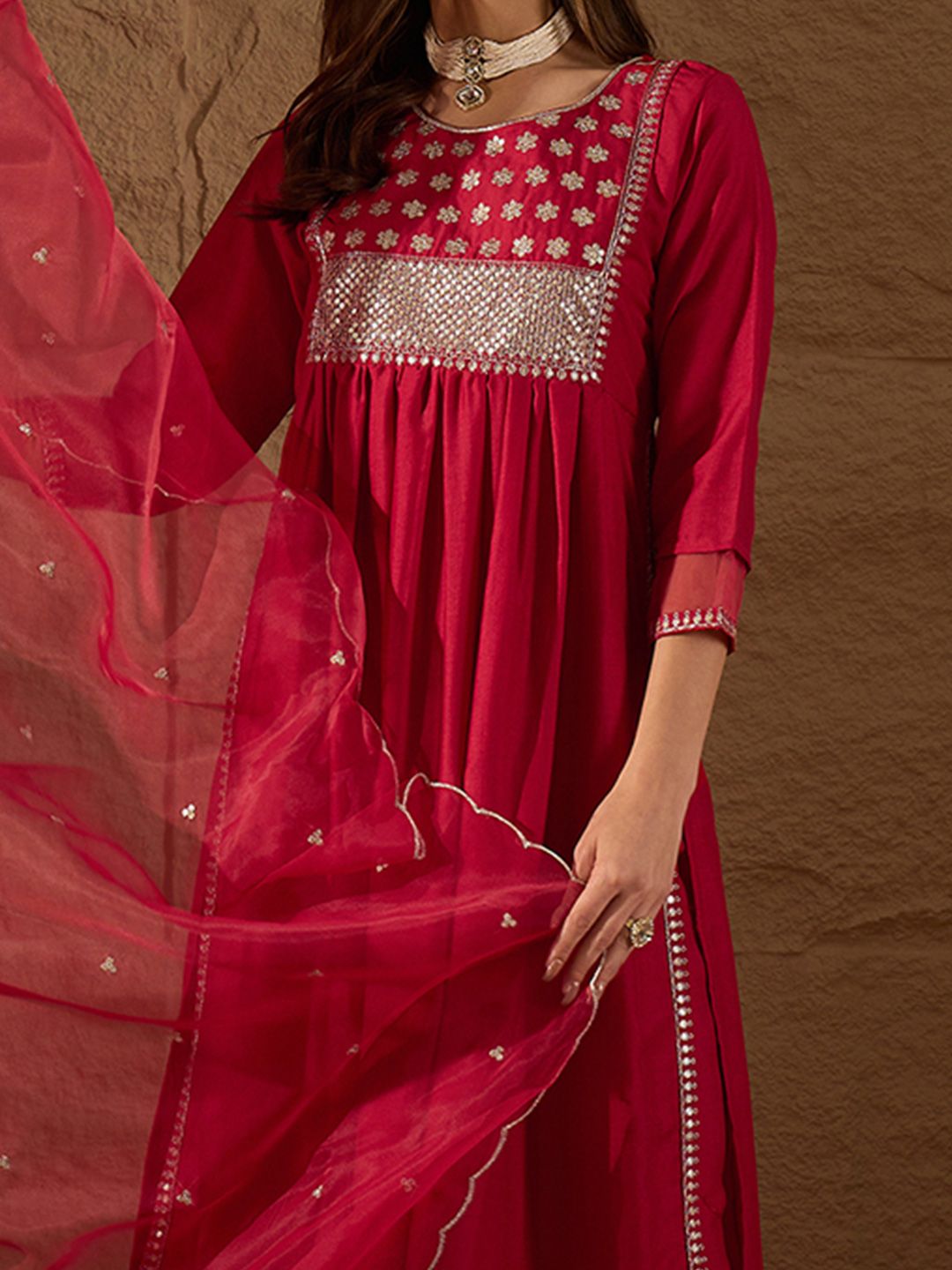 KALINI Floral Yoke Design Regular Sequinned Kurta with Trousers & With Dupatta