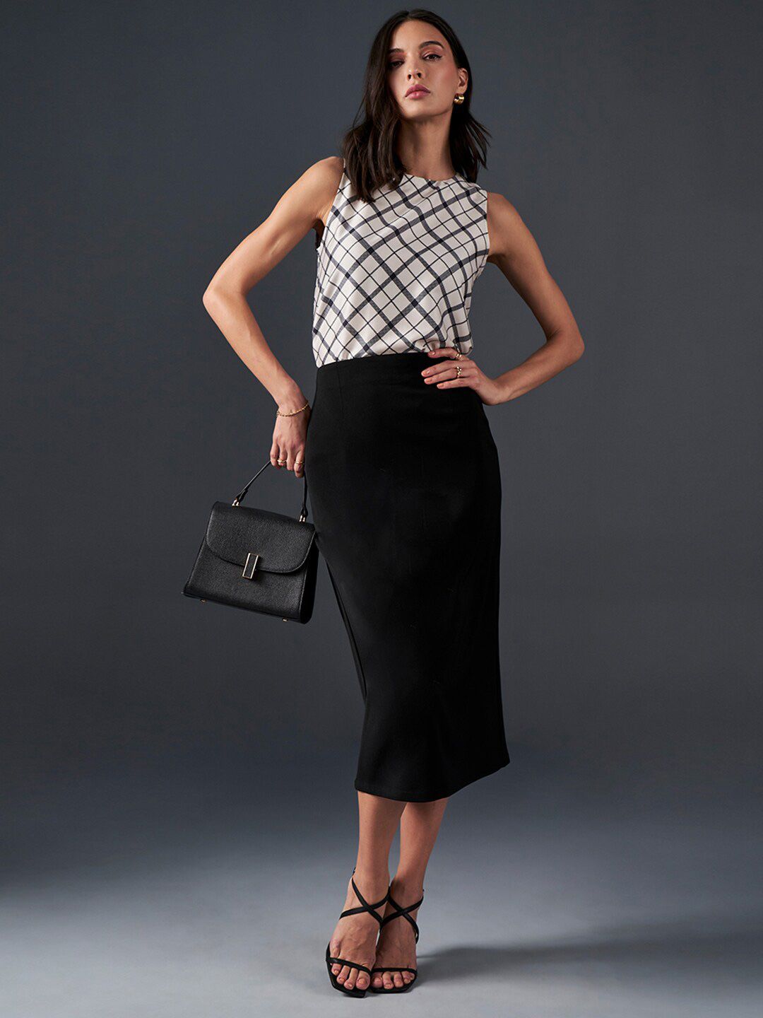 AND Checked Round Neck Styled Back Top