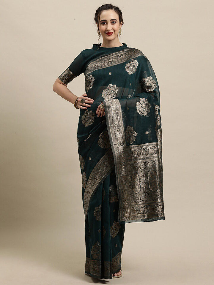 Saree mall Teal & Gold-Toned Ethnic Motifs Zari Silk Blend Banarasi Sarees