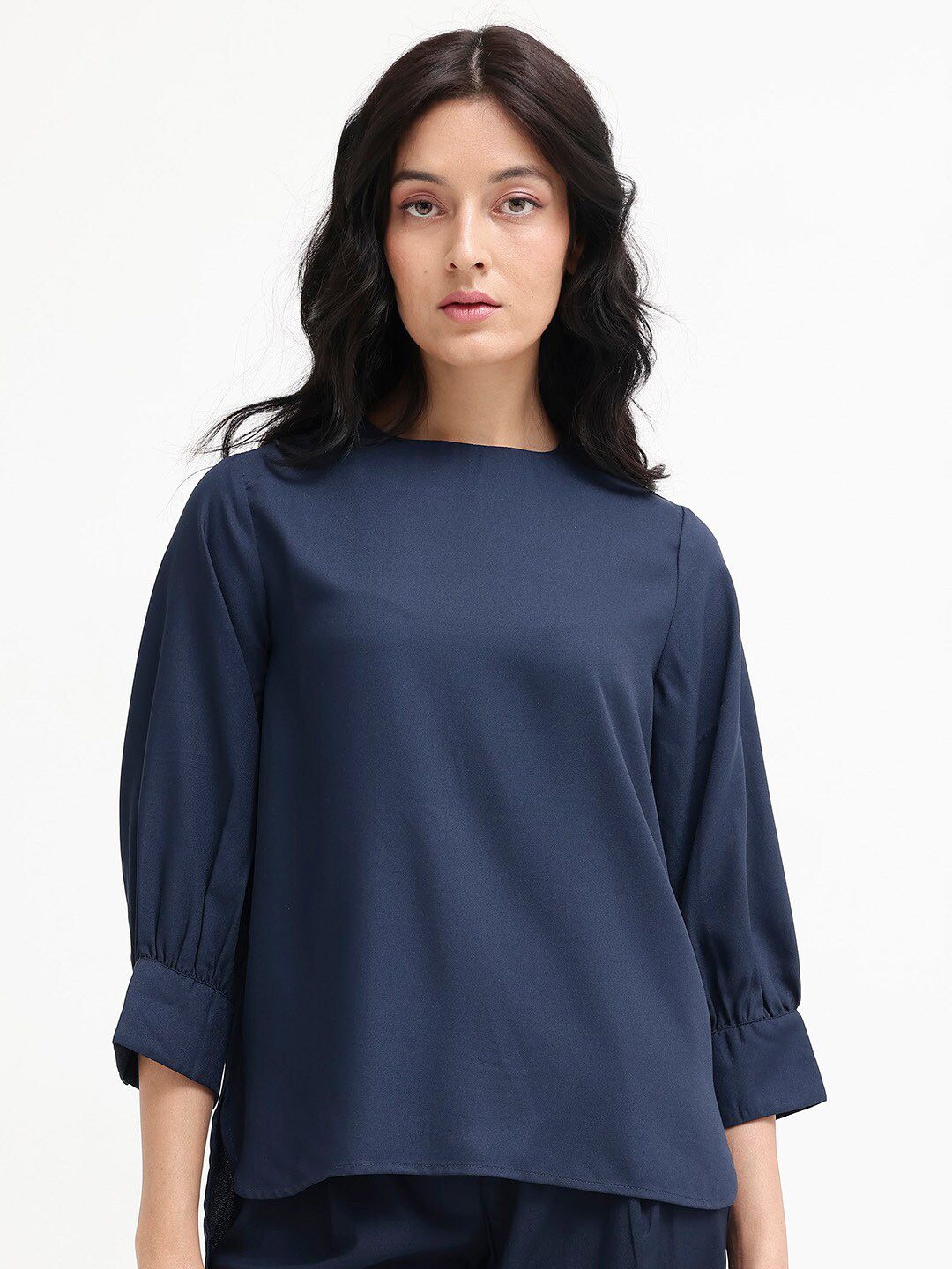 RAREISM Round Neck Cuffed Sleeves Styled Back Top