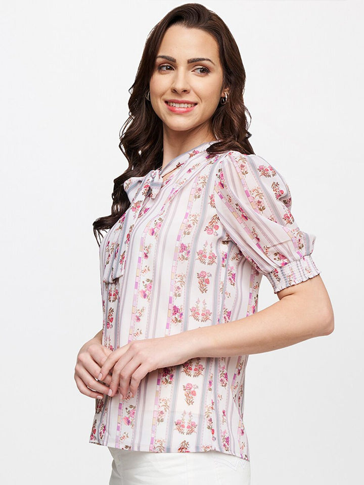 AND Women Beige & Peach Coloured Floral Print Tie-Up Neck Shirt Style Top