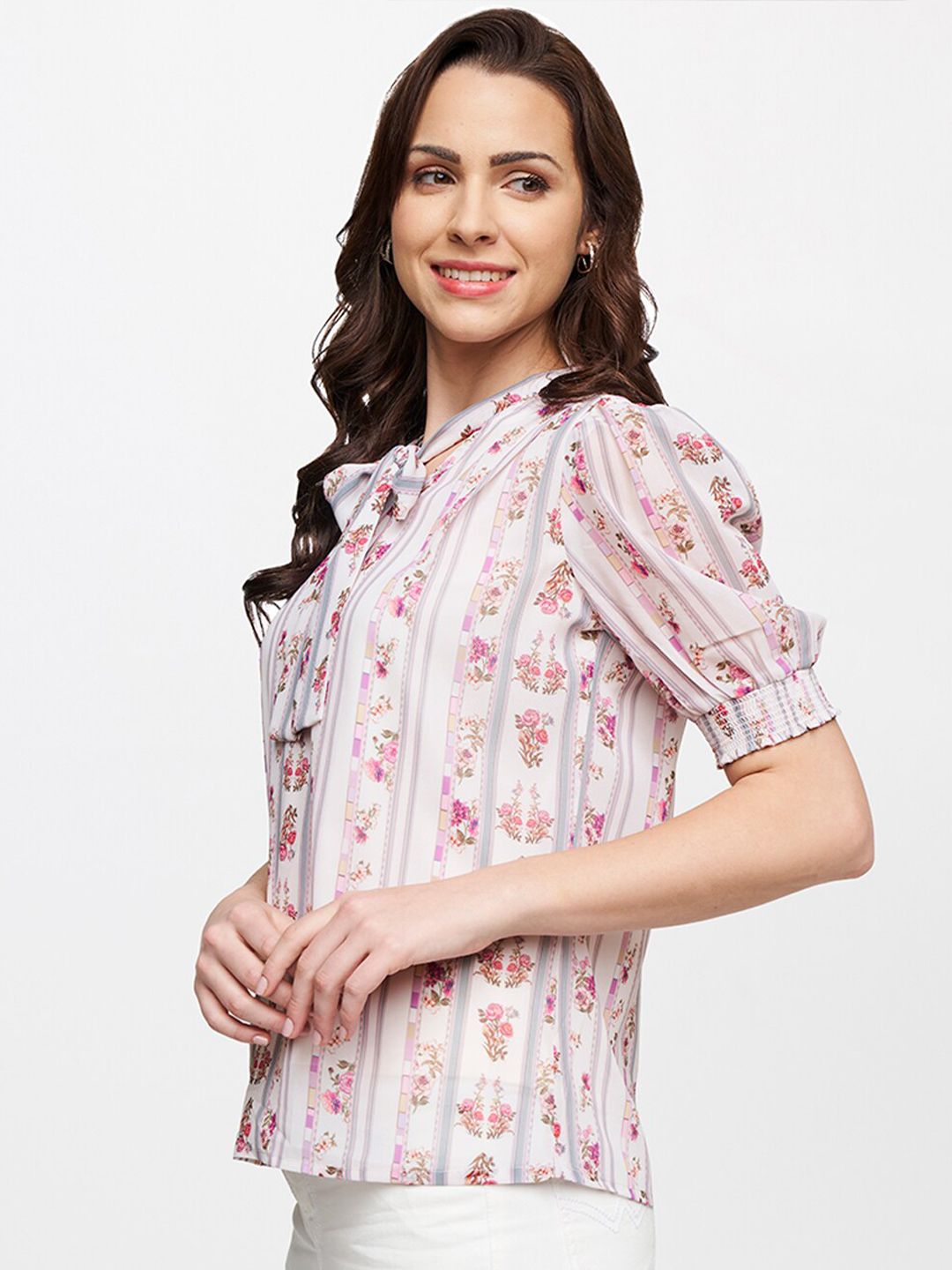 AND Women Beige & Peach Coloured Floral Print Tie-Up Neck Shirt Style Top