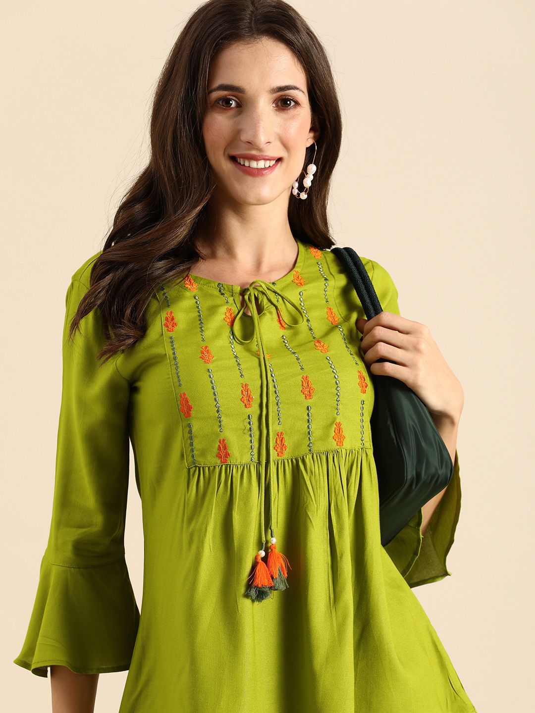 all about you Green Ethnic Motifs Embellished Thread Work Empire Styled Kurti