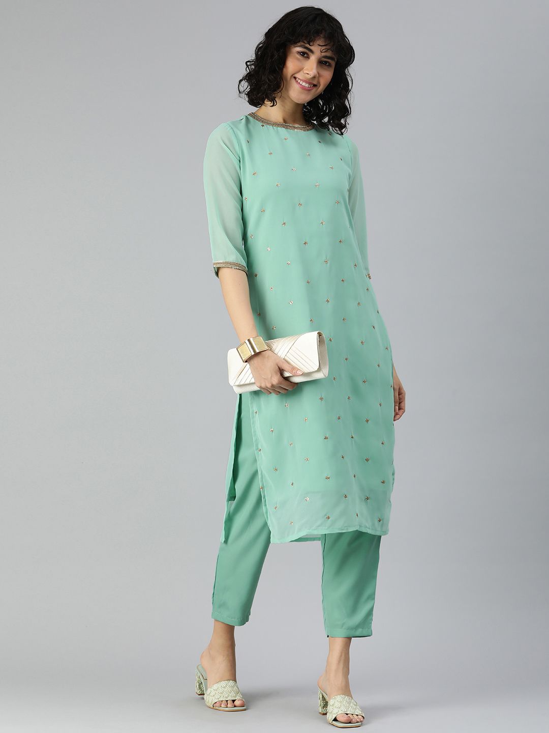 KALINI Floral Embroidered Regular Sequinned Kurta with Trousers