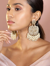 Rubans 22K Gold Plated AD Studded Handcrafted Long Chandbali with Cream-Colored Pearls