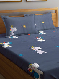 KLOTTHE Blue Graphic Polycotton 210 TC King Bedsheet with 2 Pillow Covers-250 x 220 cm