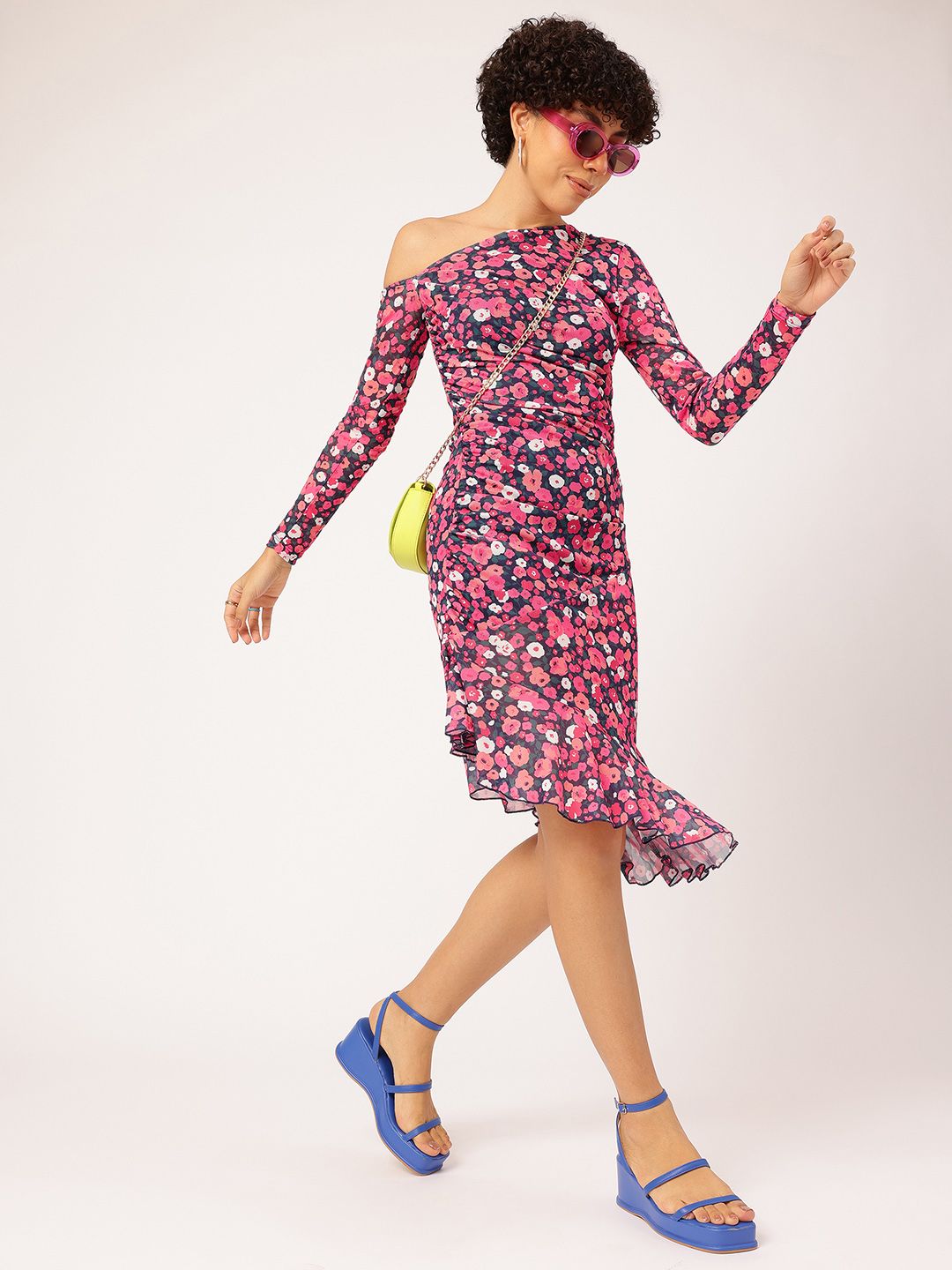 DressBerry Floral Frenzy Printed One Shoulder Net Sheath Dress