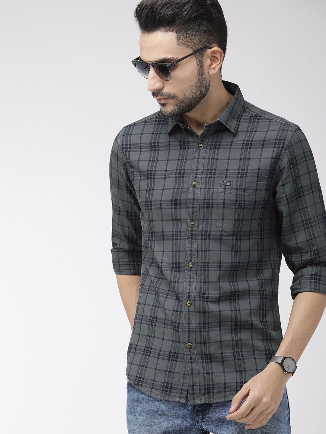 The Indian Garage Co Men Grey & Navy Blue Slim Fit Checked Casual Shirt