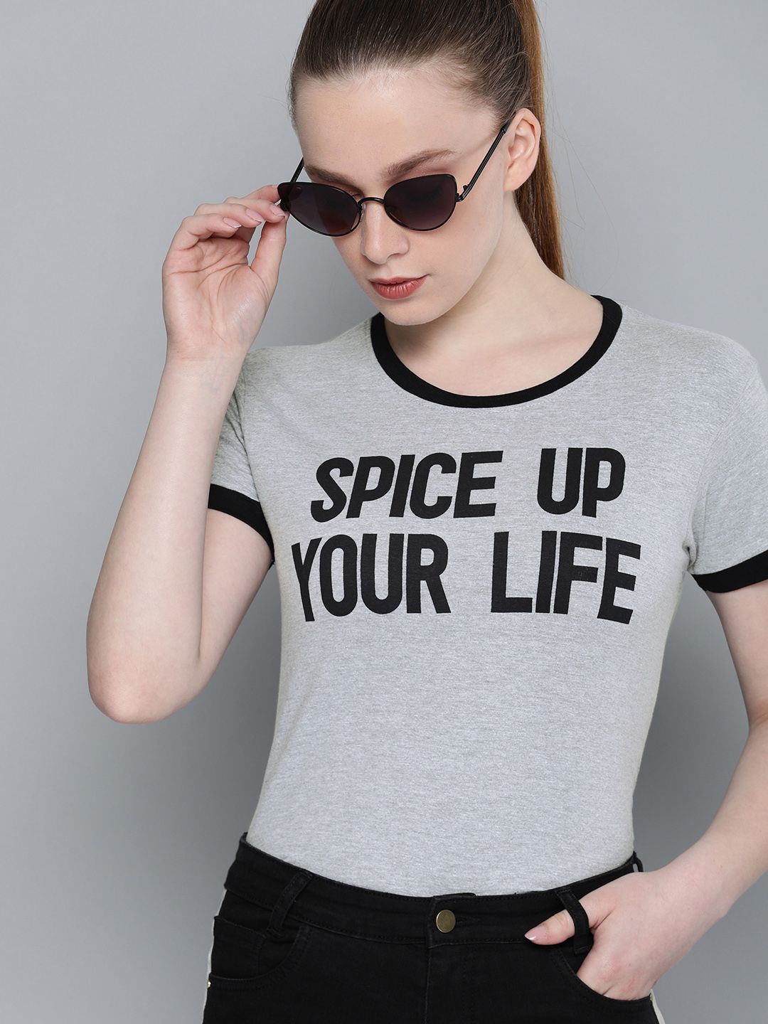 DILLINGER Women Grey Melange  Black Printed Round Neck Regular Fit Pure Cotton T-shirt