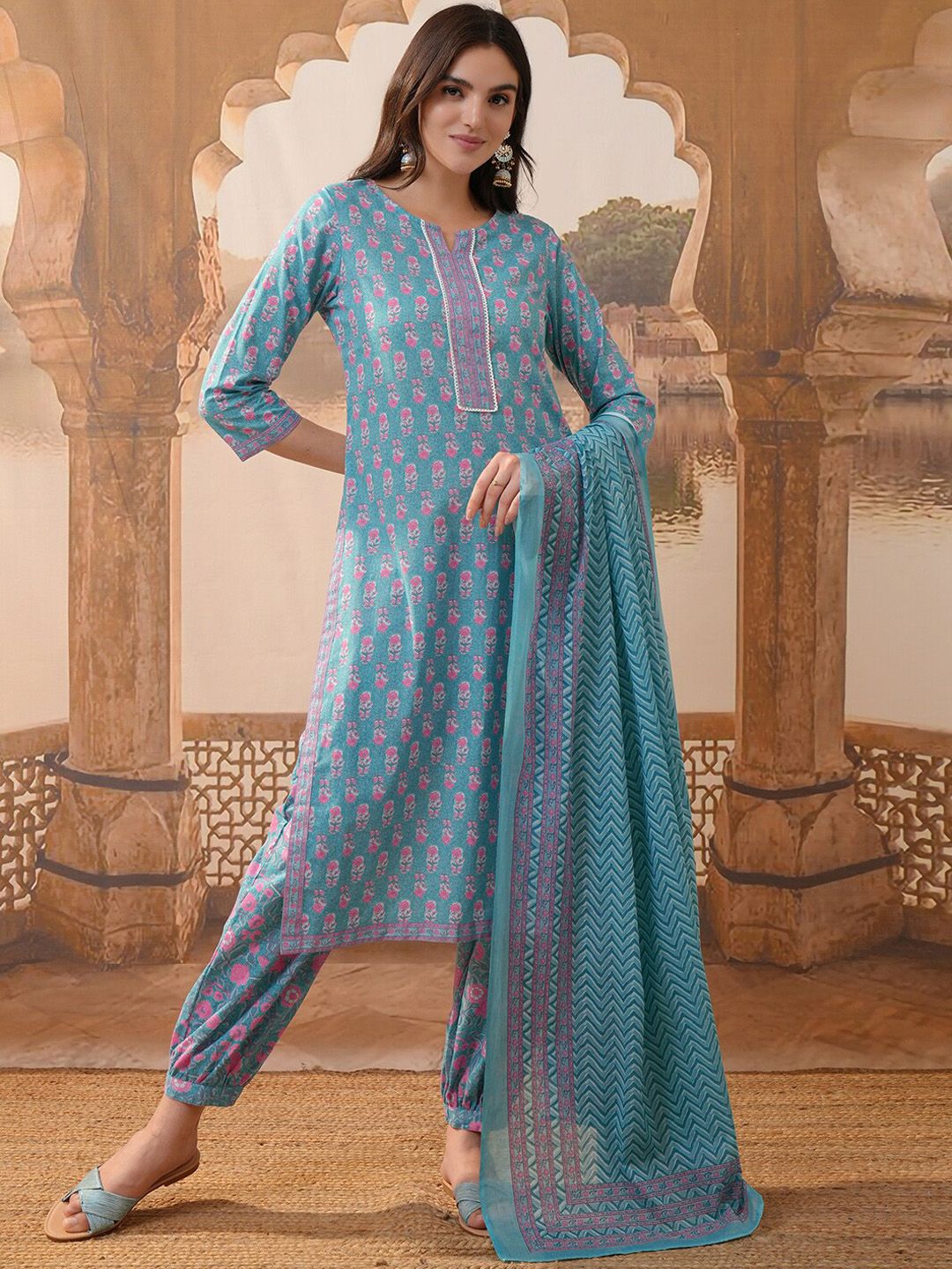 Vishudh Blue Floral Printed Regular Pure Cotton Straight Kurta with Trousers & Dupatta