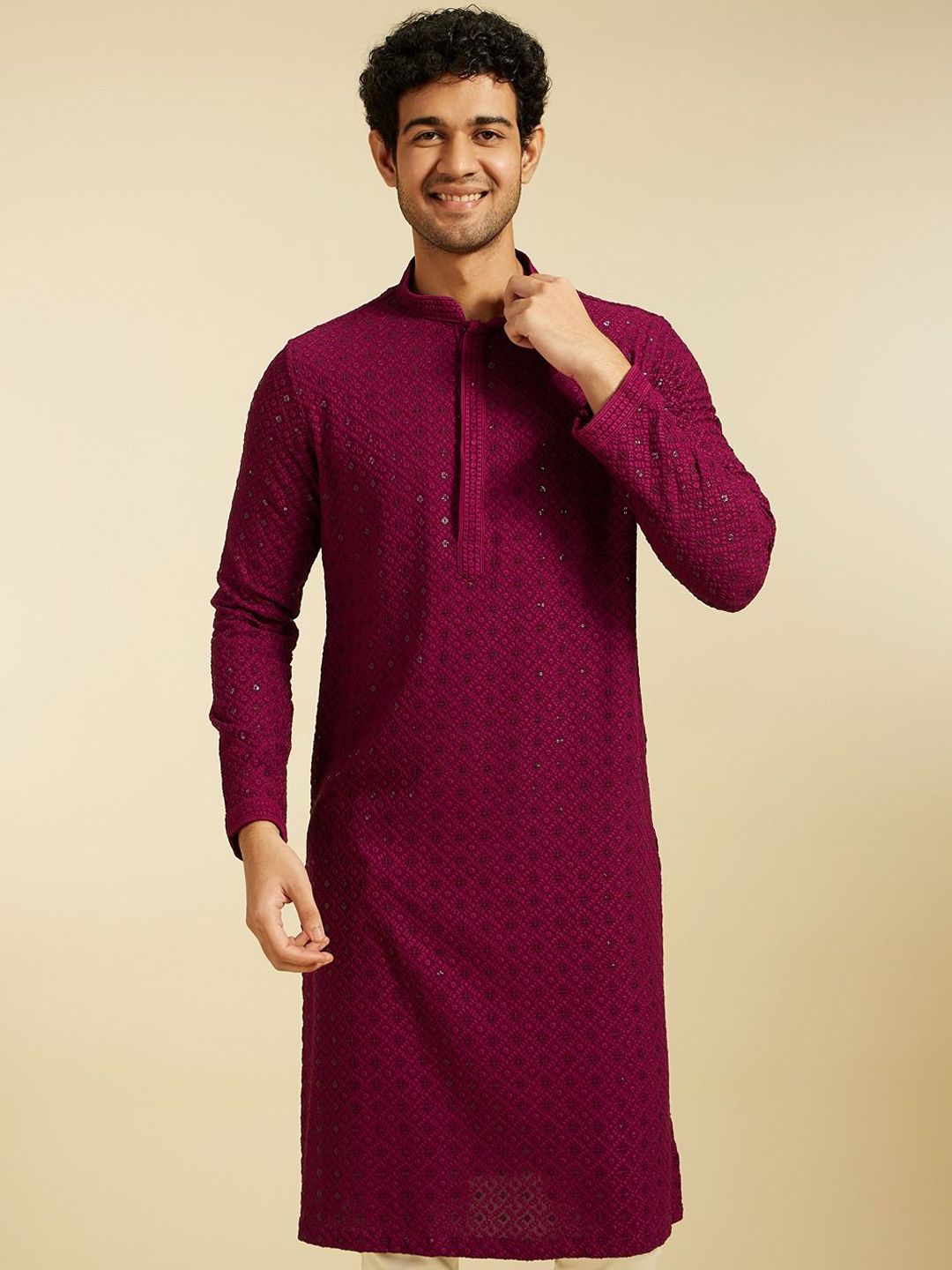 Diwas by Manyavar Ethnic Motifs Embroidered Mandarin Collar Sequinned Straight Kurta