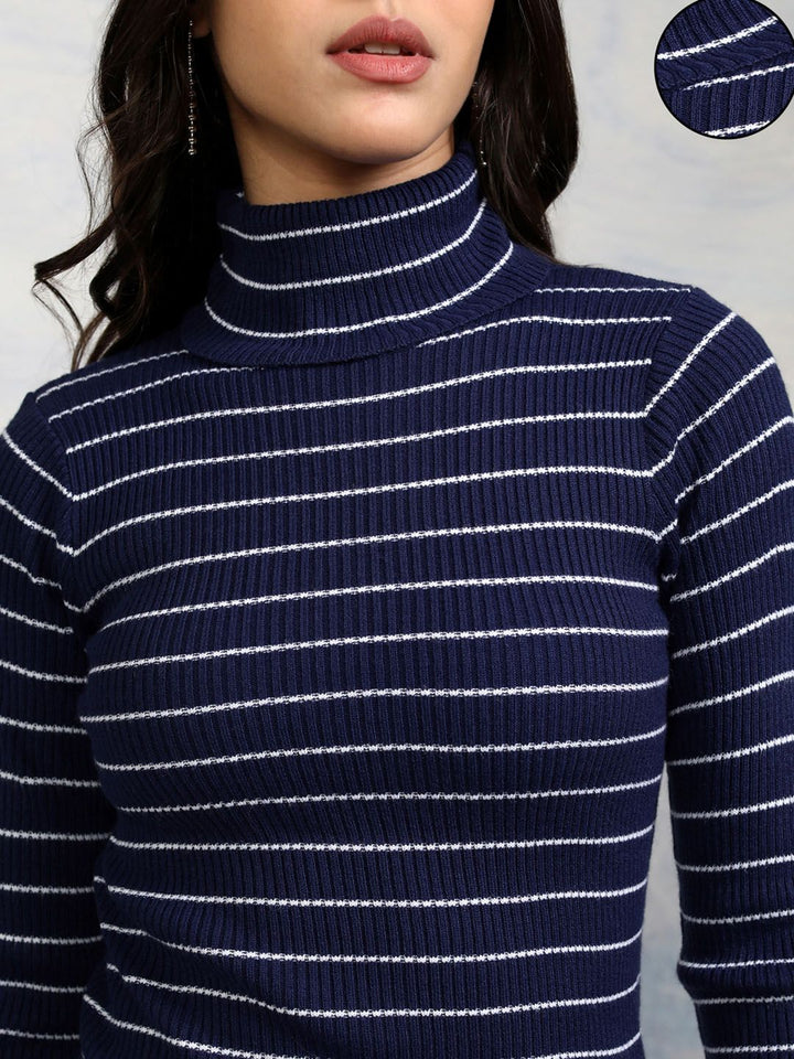 Tokyo Talkies Women Navy Blue & White Striped Acrylic Pullover