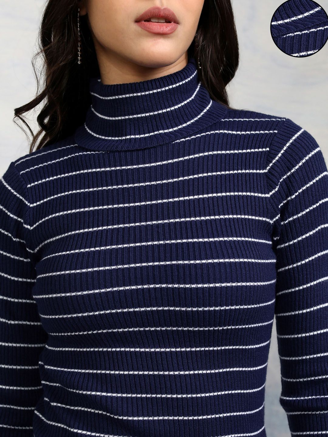 Tokyo Talkies Women Navy Blue & White Striped Acrylic Pullover