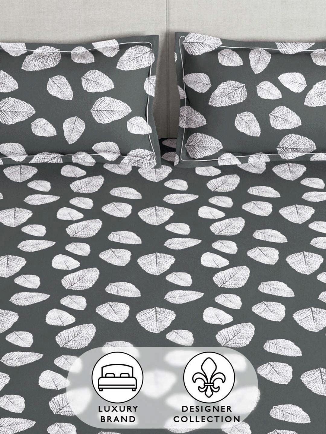 Story@home Charcoal & White Floral 180 TC Queen Bedsheet with 2 Pillow Covers