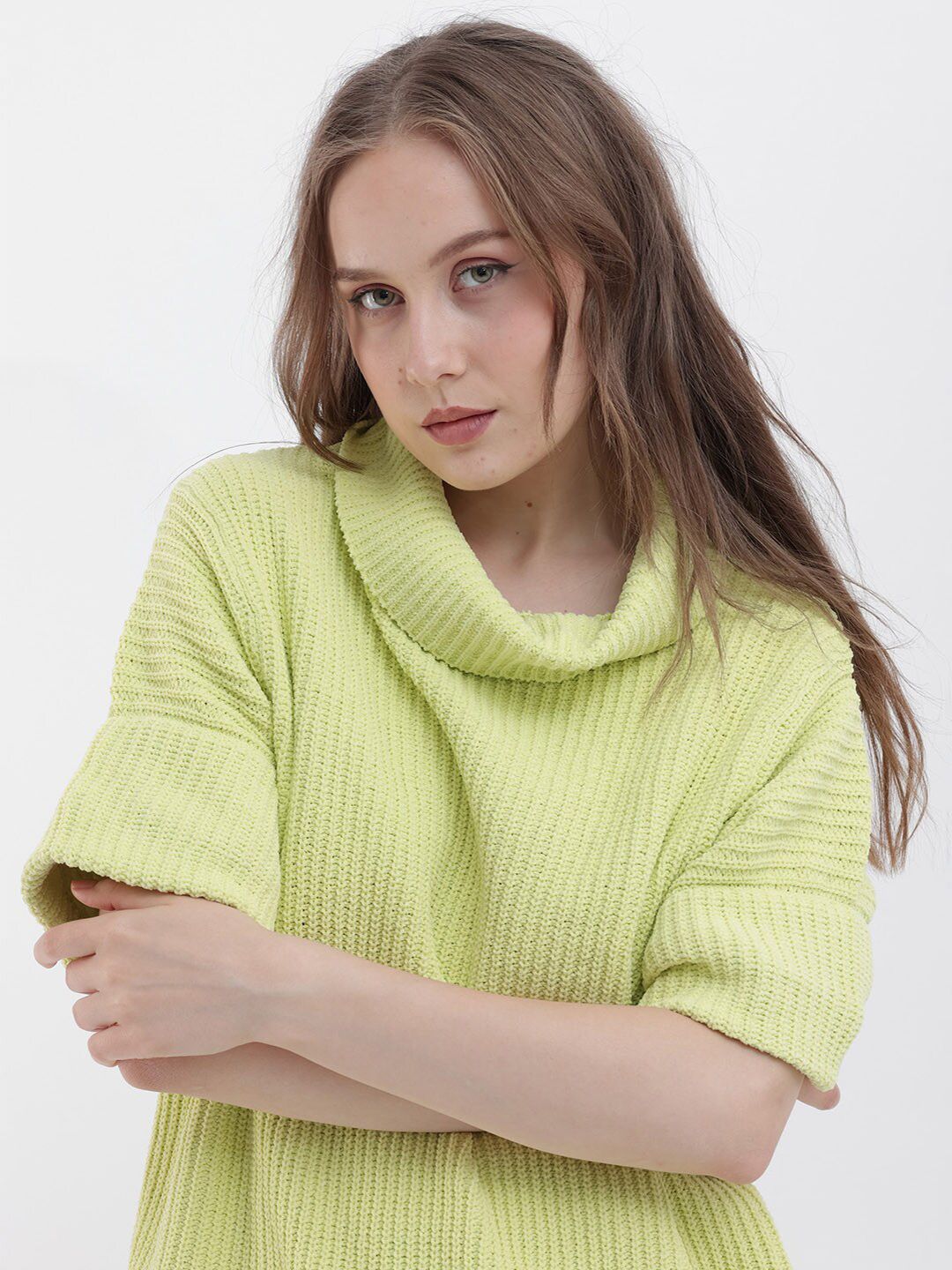 RAREISM Cable Knit Self Design Cowl Neck Ribbed Pullover