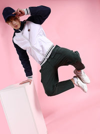 The Indian Garage Co Men White Striped Crop Outdoor Bomber with Embroidered Jacket