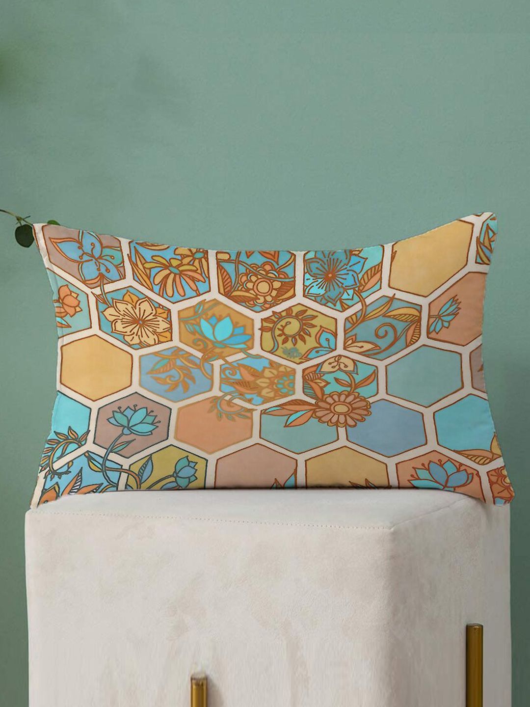 STITCHNEST Set of 2 Green & Orange Floral Rectangle Cushion Covers