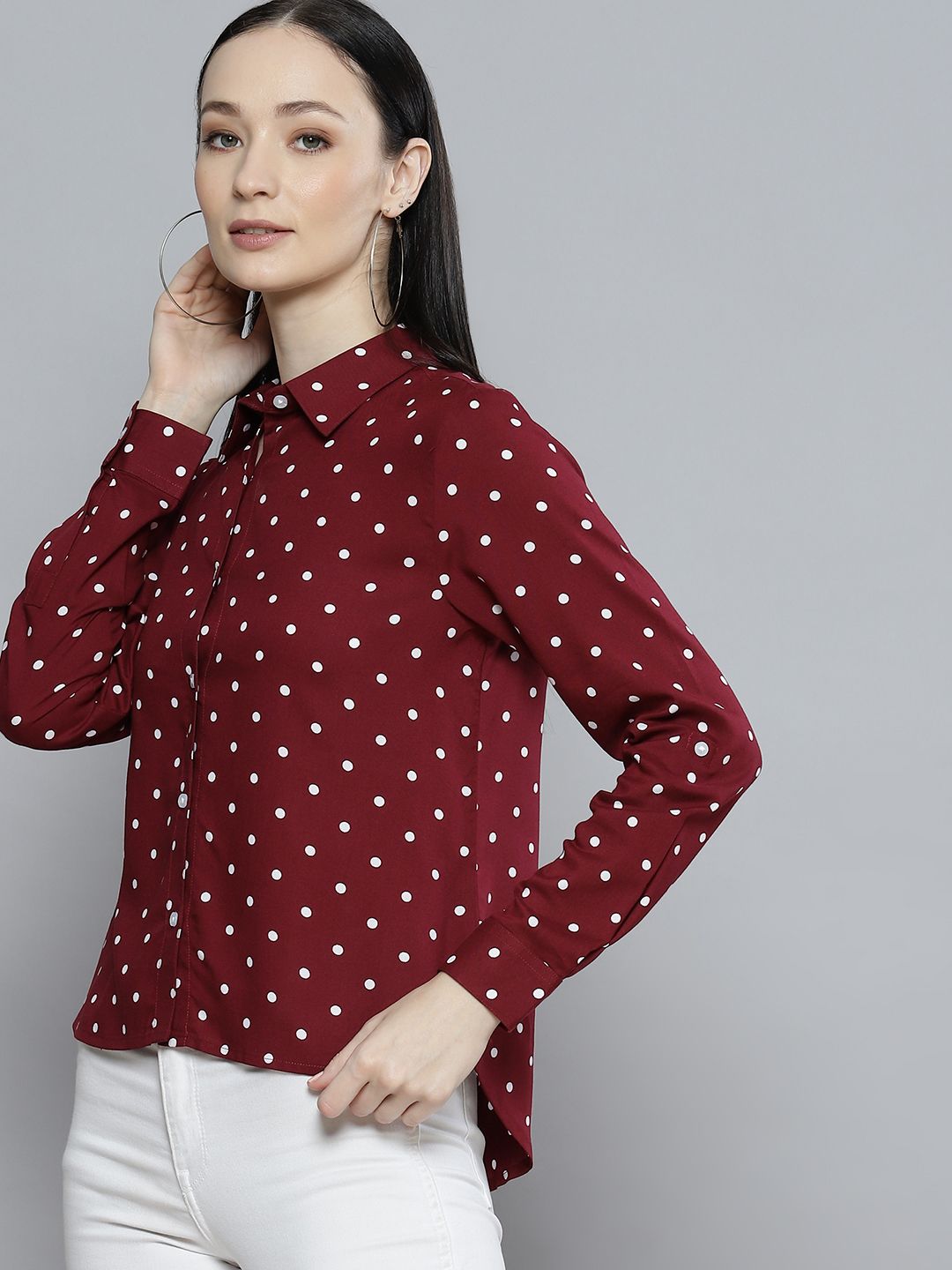 DENNISON Women Maroon & White Smart Polka Dot Printed Casual Shirt