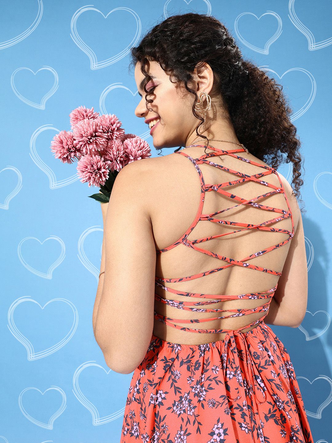 Berrylush Orange Floral Print Lace Up Back Crepe Dress