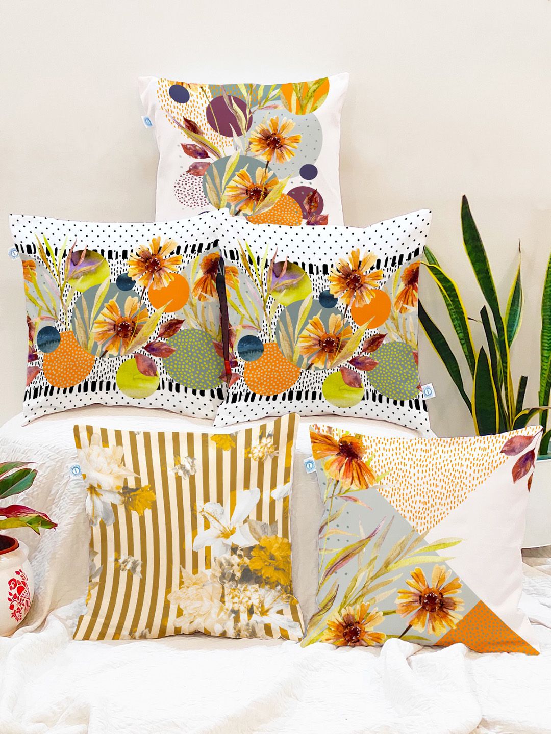 STITCHNEST Yellow & Tan Set of 5 Floral Square Cushion Covers