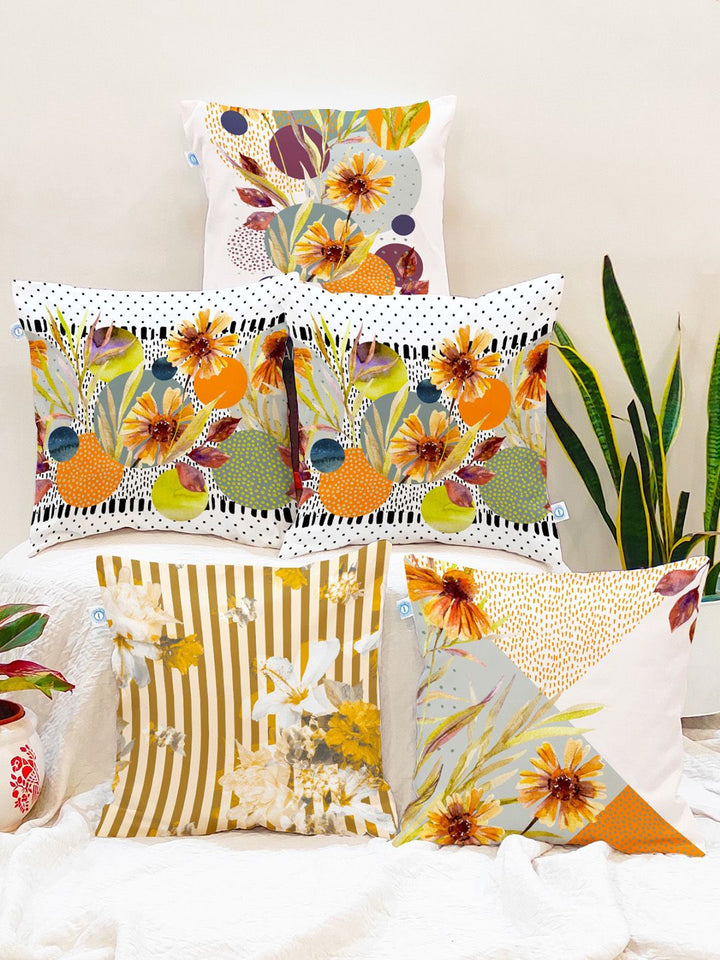 STITCHNEST Yellow & Tan Set of 5 Floral Square Cushion Covers