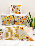 STITCHNEST Yellow & Tan Set of 5 Floral Square Cushion Covers