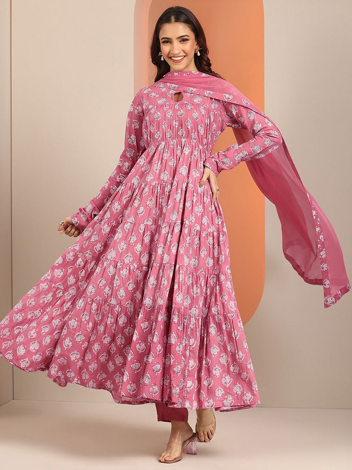 Libas Womens Mauve Printed Cotton Anarkali Kurta With Churidar & Dupatta
