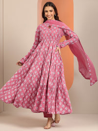 Libas Womens Mauve Printed Cotton Anarkali Kurta With Churidar & Dupatta
