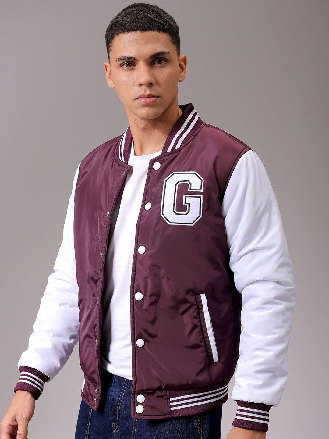 The Indian Garage Co Men Stand Collar Typography Printed Casual Varsity Jacket