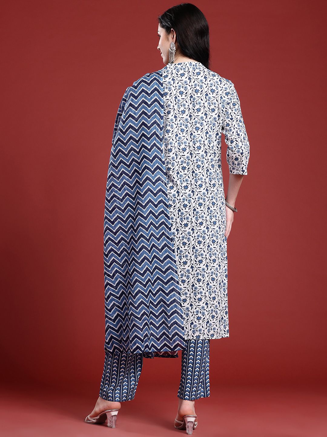 Anouk Floral Printed Band Collar Straight Kurta with Trousers & Dupatta
