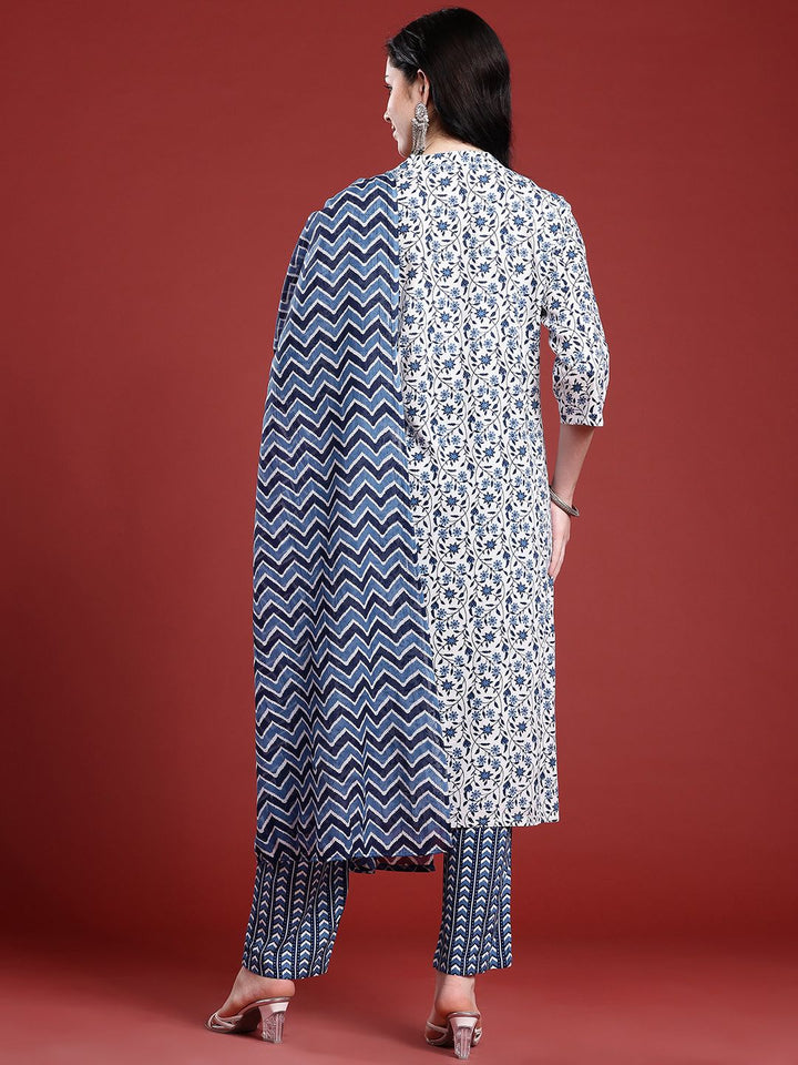 Anouk Floral Printed Band Collar Straight Kurta with Trousers & Dupatta