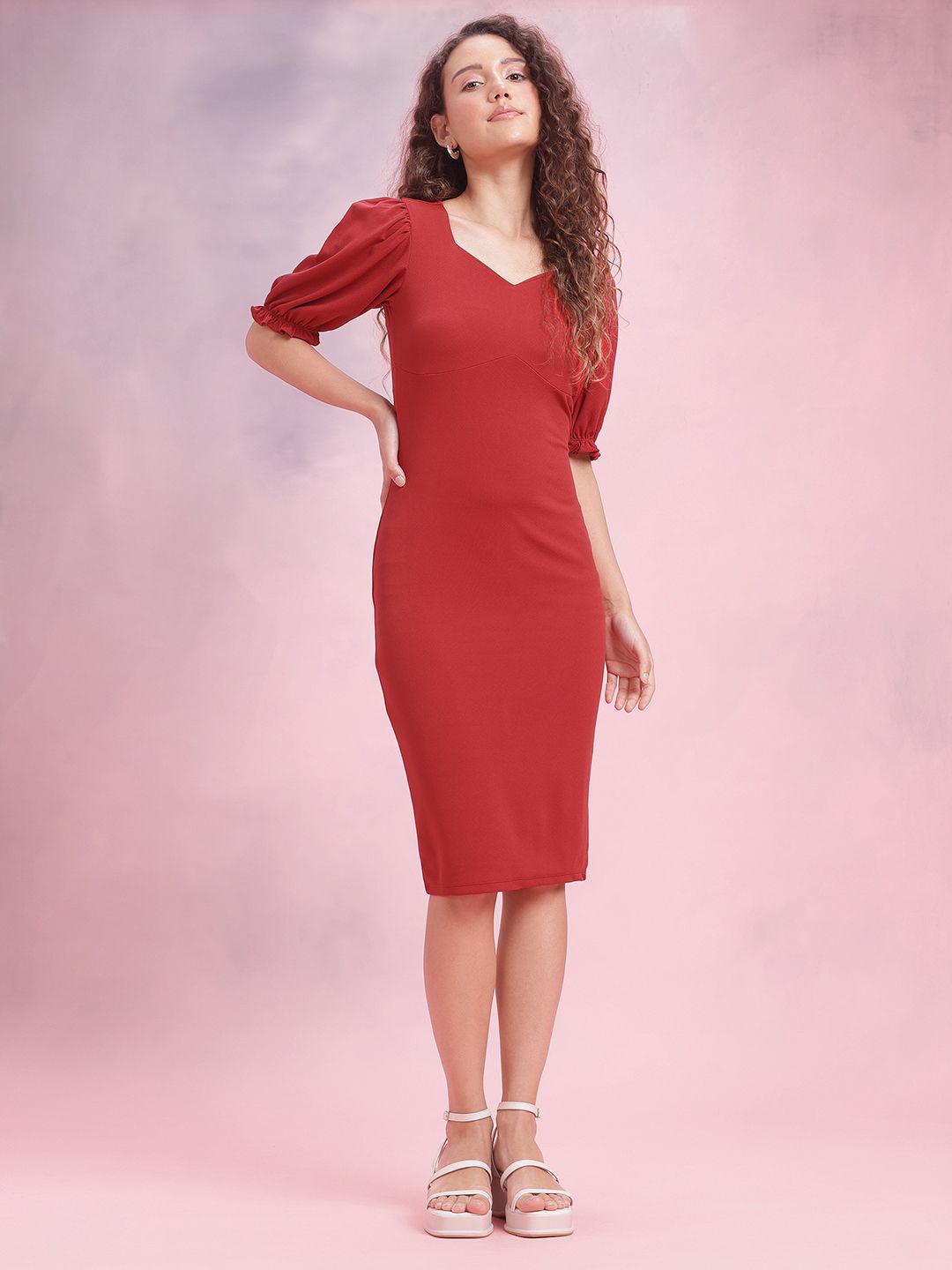 DressBerry Puff Sleeves Sheath Midi Dress