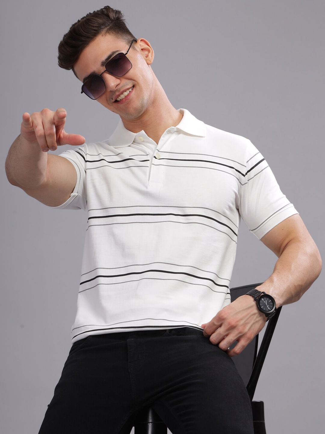 ADRO Striped Printed Polo Collar Short Sleeves Cotton Oversized Casual T-shirt