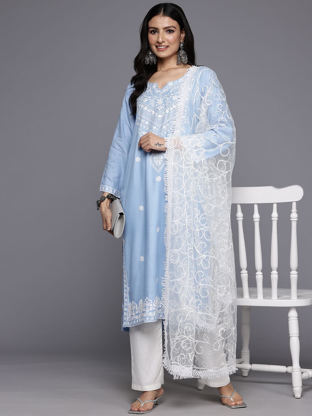 Varanga Floral Embroidered Thread Work Kurta With Trousers & Dupatta
