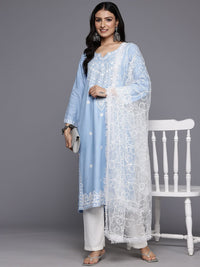 Varanga Floral Embroidered Thread Work Kurta With Trousers & Dupatta
