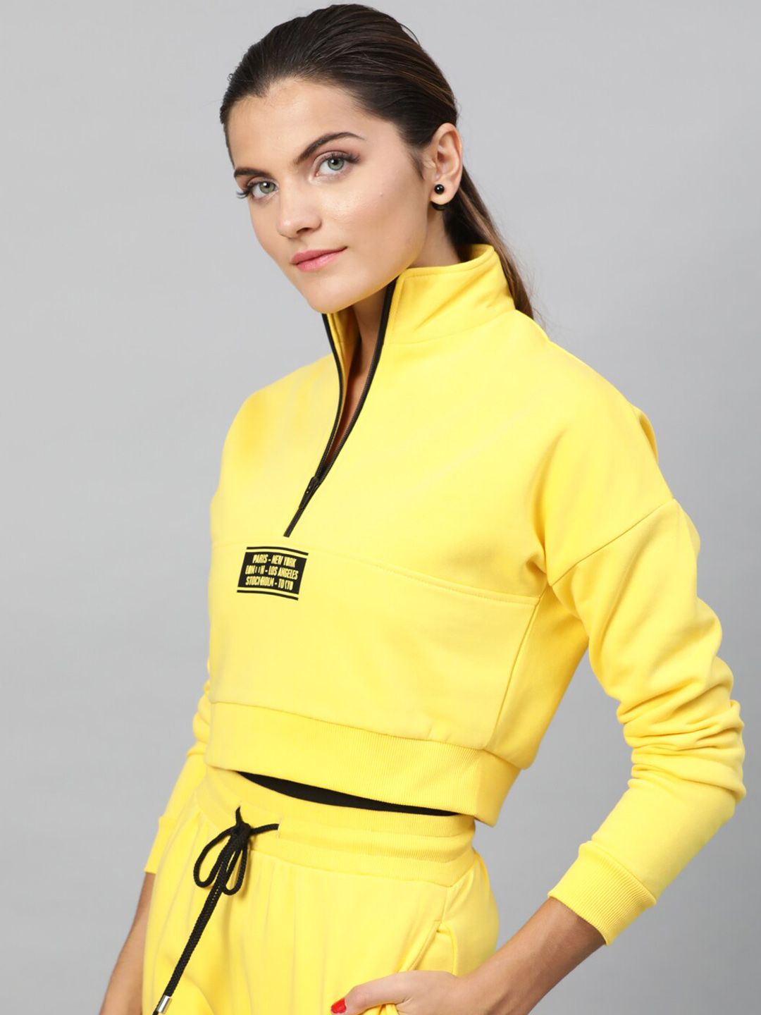 STREET 9 Women Yellow Solid Crop Sweatshirt