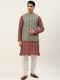 SOJANYA Men Maroon Ethnic Motifs Embroidered Thread Work Kurta with Churidar