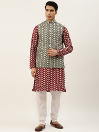 SOJANYA Men Maroon Ethnic Motifs Embroidered Thread Work Kurta with Churidar