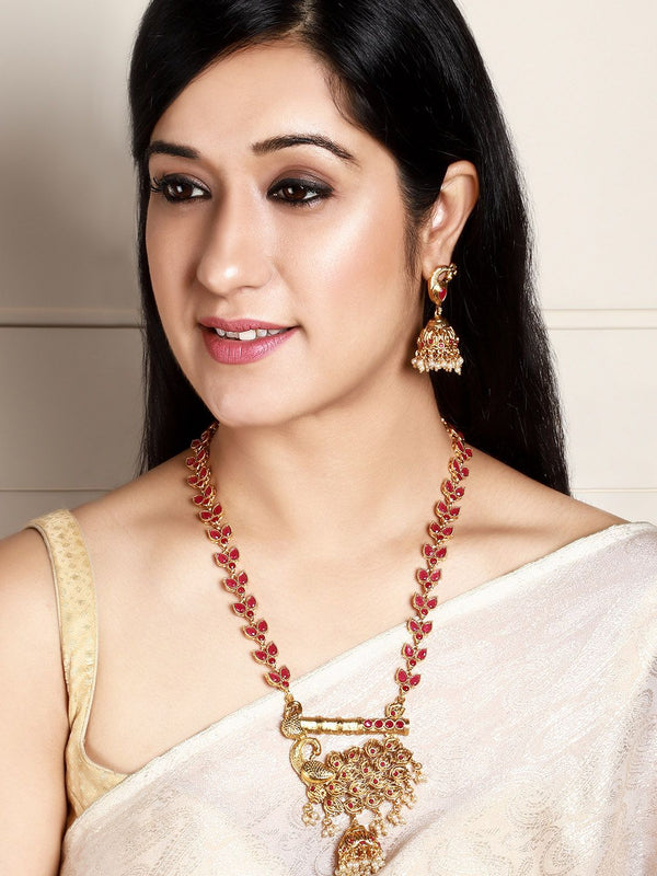 Rubans Women Gold-Plated & Pink Handcrafted Faux Ruby Studded Jewellery Set