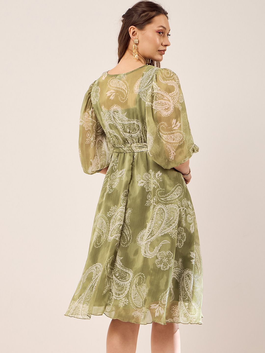 Antheaa Olive Green Floral Printed V-Neck Puff Sleeve Chiffon Wrap Dress