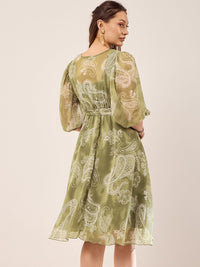 Antheaa Olive Green Floral Printed V-Neck Puff Sleeve Chiffon Wrap Dress